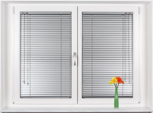 EFIXS Jalousie auf Maß - Maßanfertigung - Breite bis 60 cm x Höhe bis 200 cm - Farbe: Silber - Montage: Festschrauben im Glasfalz - mit Seitenführung - Bedienung: Wendestab und Zugschnur