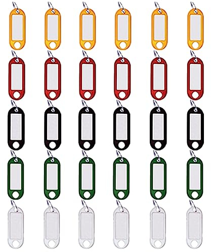 M&H-24 30 unidades de llaveros para escribir, etiquetas de plástico con anillo intercambiables, en negro, rojo, amarillo, blanco, verde