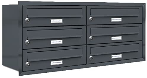 AL Briefkastensysteme, 6er Unterputzbriefkasten in Anthrazit Grau RAL 7016, 6 Fach wetterfeste Briefkastenanlage Design modern