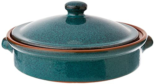 Amazing Cookware 25cm Terracotta Round Dish with Lid in 'Peacock Green