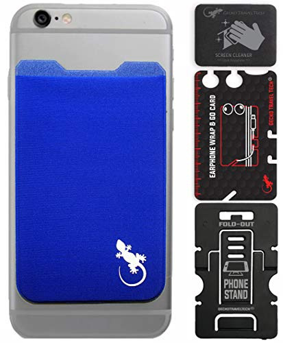 Gecko Blue Sticky Card Holder for Phone Case - Adhesive Back of Phone Wallet - Stretchy Pocket with Added Cellphone Stand & Screen Cleaner - Gift for Students & Travelers - Credit Card Caddy for Men