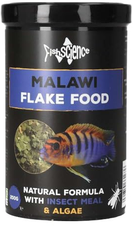 FishScience Malawi Flake Food 200g | Fish Food for Malawi Cichlids and Other Algae Eating Fish | Protein Insect Meal Formula – Colour Enhancing