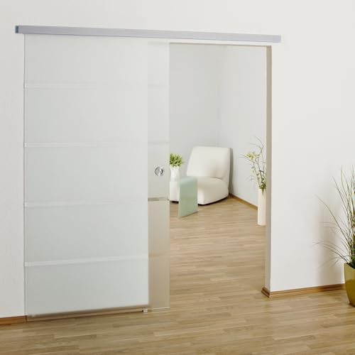 BIJON Glasschiebetür Komplettset aus 8mm ESG Glas | Glastür Schiebetür mit Muschelgriff und 15mm Wandabstand, Teilsatiniert - SO6 DIN Links - 900x2050 mm