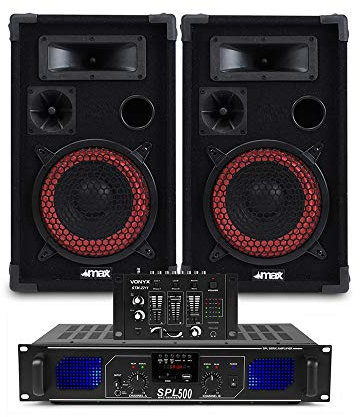 Max 8 DJ PA System Set with 500W Amplifier, Passive Speakers Pair, 4-Channel Mixer, USB MP3 SD Playback, FM Radio, Cables Included – Ideal for Parties & Events