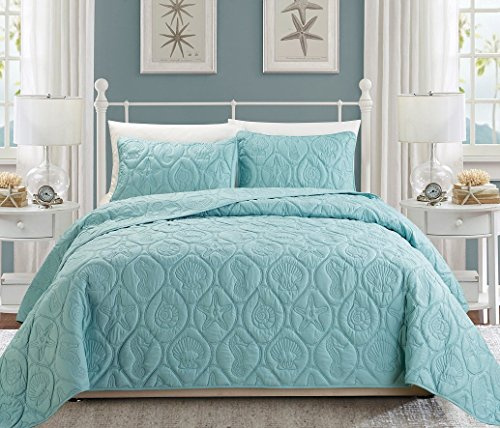 Grand Linen 3-Piece Tropical Coast Seashell Beach (California) Cal King Bedspread Spa Blue Coverlet Embossed Bed Cover Set. Sea Shells, Sea Horse, Starfish etc.