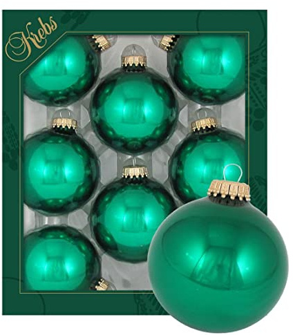 Dekohelden24 Lauschaer Christbaumschmuck - 8er Set Kugeln Uni glänzend smaragdgrün, 6,7 cm, mit goldenem Krönchen + 50 Schnellaufhänger in Gold GRATIS zu Ihrer Bestellung dazu !