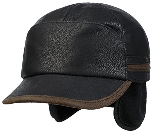 Stetson Byers Ledercap mit verstaubarem Ohrenschutz Herren Made in Germany Baseballcap Leder Rind Earflaps Fleece Herbst Winter schwarz L (58-59 cm)