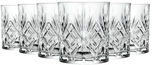 6x 240ml Melodia Vasos de Whisky - Cristal Tallado Whiskey Ron Vodka Ginebra Escocés Anticuado Cóctel Bebiendo Vaso Set de Regalo - Por RCR Crystal