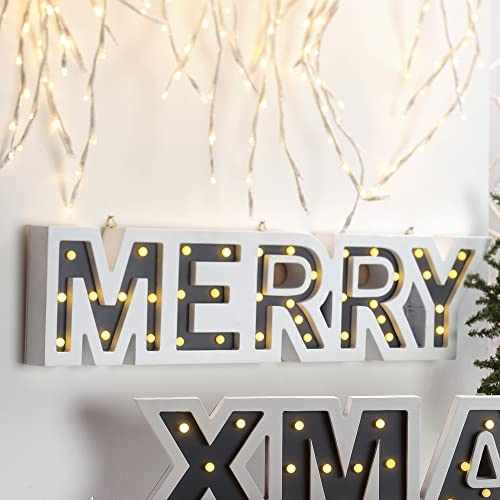 hellum LED Schriftzug Merry aus Holz, 37 warmweiße Lichter, 60x15cm aus Holz, für Innen, batteriebetrieben (3xAA Nicht inkl.) 521702