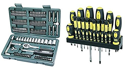 Mannesmann M29166 - Maletín con juego de llaves de vaso y puntas de destornillador (130 piezas) + Mannesmann - M11410 - 18 piezas Juego de destornilladores con soporte de pared