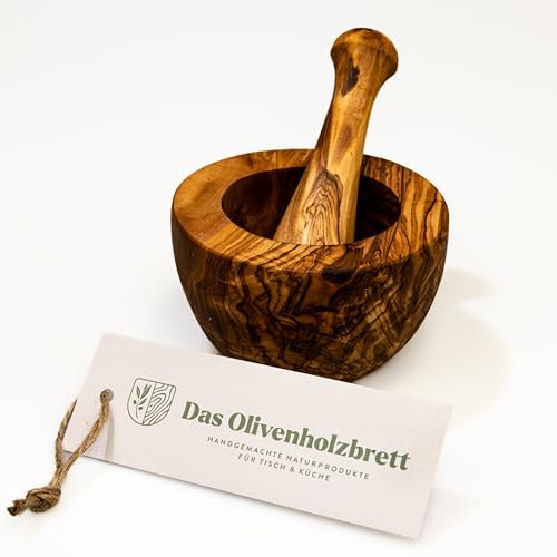 DAS OLIVENHOLZBRETT® Olivenholz Mörser und Stößel glatt/Olivenholzmörser SET/robuster Holzmörser/Gewürzmörser für Pfeffer, Salz, Kräuter, Nüsse etc. aus hochwertigem Hartholz - fein gemasert Ø12cm