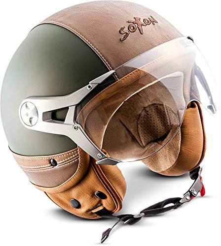 Soxon® SP-325 Urban „Green“ · Jet-Helm · Motorrad-Helm Roller-Helm Scooter-Helm Moped Mofa-Helm Chopper Retro Vespa Vintage Pilot · ECE 22.05 Visier Leather-Design Schnellverschluss Tasche M (57-58cm)