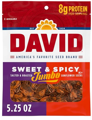 DAVID Roasted and Salted Sweet and Spicy Jumbo Sunflower Seeds, Keto Friendly, 5.25 oz, 12 Pack