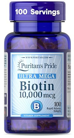 Puritan's Pride Premium Ultra Mega Biotin 10,000mcg, Dietary Supplement for Healthy Hair, Skin, Nails, and Energy Metabolism Support, 100 Day Supply, 100 Rapid Release Softgels