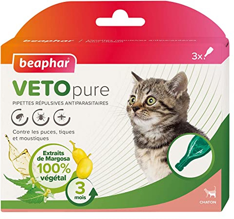 Beaphar – VETOPURE – Pipettes répulsives antiparasitaires pour Chaton – Extraits de Margosa – Contre Les puces, tiques et moustiques – Protection 3 Mois – Facile à appliquer – 3 pipettes