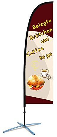 Beachflag Coffee to go Werbefahne F1 über 2m hoch mit Bodenkreuz für den Außen- und Innenbereich