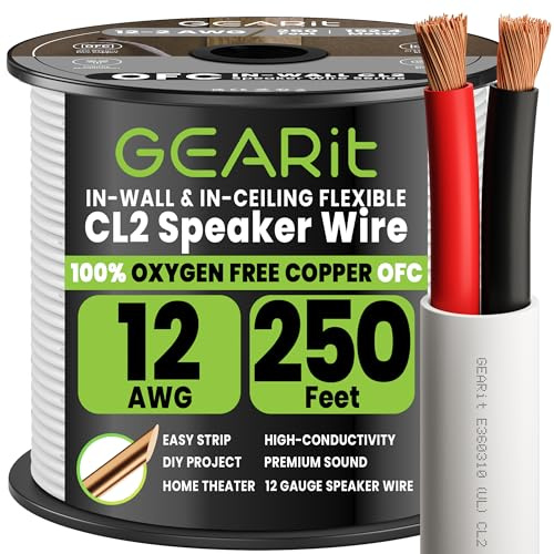 GEARit in Wall Speaker Wire 12 Gauge 250FT,OFC Speaker Wire UL CL2 Rated