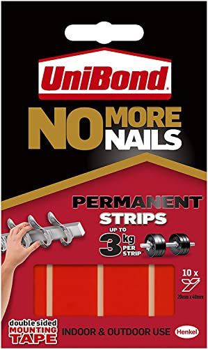 Unibond No More Nails Permanent Strips, Adhesive Strips for Fast & Easy Mounting, Double Sided Sticky Tape for Interior & Exterior Use, Waterproof Tape, Pack of 10