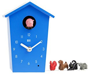 KOOKOO AnimalHouse Blau, Moderne kleine Kuckucksuhr mit 5 Bauernhoftieren, Aufnahmen aus der Natur. Hat EIN freundliches und modernes Design