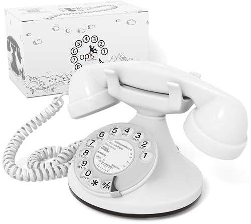 Opis Technology FunkyFon Cable Nostalgie Telefon mit Wählscheibe, Weiß | Nachbau im Stil der 1920er Jahre in kräftigen Farben. Schnurgebunden, elektronischer Klingelton.