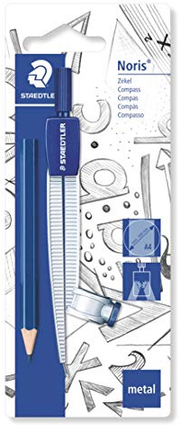 STAEDTLER 550 55 BK Schulzirkel mit Universaladapter und zusätzlichen kleinen Bleistift auf Blisterkarte, blau/silber