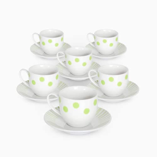 Albalù Set Tazzine da Caffè con Piattino in Porcellana Colorate Pois Verdi Servizio Completo da 12 Pezzi di cui 6 Tazzine e 6 Piattini Lavabili in Lavastoviglie