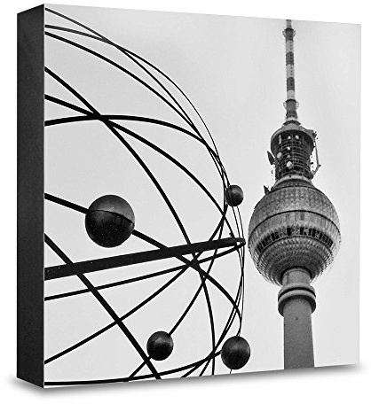 COGNOSCO HG-B113 Foto-Holzblock medium-15 x 15 cm-Wandbild mit Architektur-Fotografie Berlin-Weltzeituhr, Holz, Schwarz-Weiß, 15x15cm