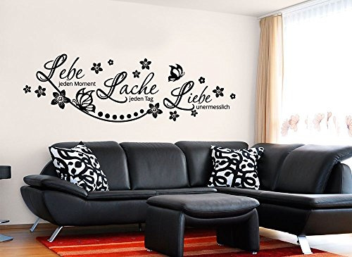 Grandora W870 Wandtattoo Spruch Lebe Lache Liebe I schwarz 152 x 58 cm I Wohnzimmer Schmetterlinge Blumen Aufkleber Wandaufkleber Wandsticker