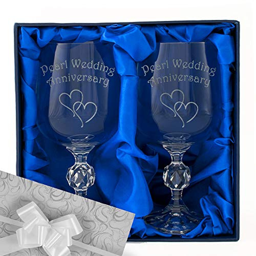 30th Pearl Wedding Anniversary Engraved Crystal Wine Goblets in Gift Box. Gift Wrap and Ribbon