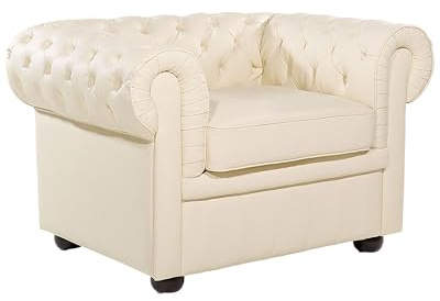 Sillón Chesterfield tapizado en piel color crema patas de madera oscura contemporáneo Chesterfield