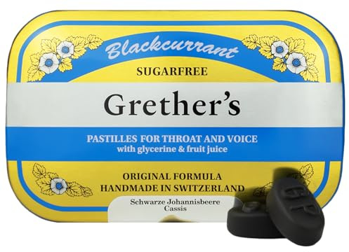 GRETHER'S Sugarfree Blackcurrant Pastilles – Premium Swiss Throat Lozenges for Dry Mouth & Sore Throat Comfort – Gift for Singers, Intense Fruit Flavor, Gluten & Lactose Free – 3.75 oz