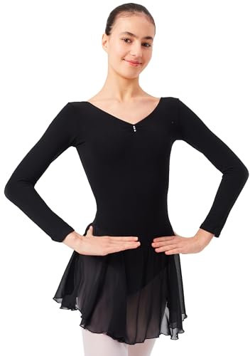 tanzmuster ® Ballettkleid Mädchen Langarm - Anna - aus weichem Baumwollstoff mit Glitzersteinen und Chiffon Röckchen fürs Kinder Ballett Ballettbodyin schwarz, Größe:128/134