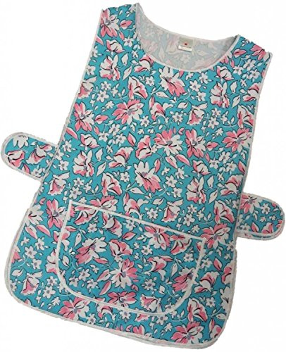 Womens Floral Home Work Tabard Apron with Single Large Front Pocket, White Piping and Side Fastening Button Tabs