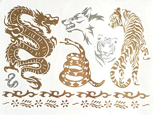 STRASS & PAILLETTES - Tatouages éphémères métallique Waterproof Tigre Dragon Loup. Tatoo temporaire Or - Bijou de Peau