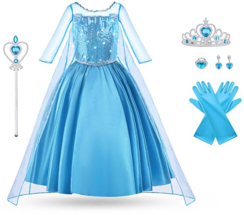 Vicloon Mädchen Prinzessin Kostüm, 9 Stück Kleid Kinders Set mit Krone, Diadem, Zauberstab, für Halloween, Weihnachten, Geburtstag Party, Kostüms Mädchen, Blau