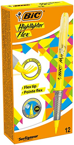 BIC Highlighter Flex, Textmarker mit flexibler Pinselspitze, 12er Pack, in Gelb, mit Austrocknungsschutz