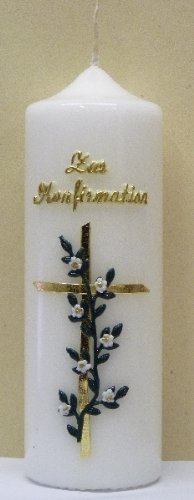 netsells handverzierte Stumpenkerze ''Zur Konfirmation'' * Kreuz mit weißen Blumen * 6 x 18 cm (Motiv #001)