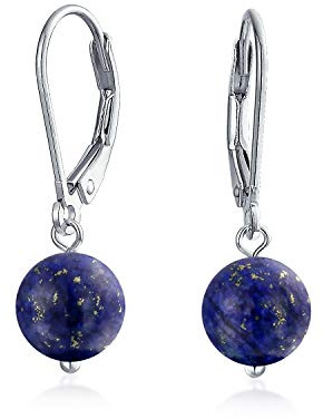 Boucles D'Oreilles Pendantes Rondes En Pierre Précieuse De Lapis-Lazuli Bleu Marine Simple Pour Femmes En Argent Sterling .925