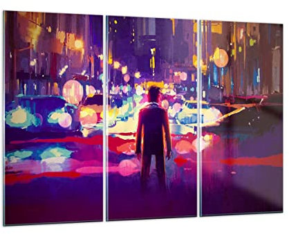 Mehrteilige Bilder auf Glas 165x110cm Glasbild futuristisch Grafik Stadt Beleuchtung Groß XXL Wanddeko Schlafzimmer Küche Set 3 teilige Wandbilder Dekoration Wohnzimmer Modern Wand Art GCE165x110-3189