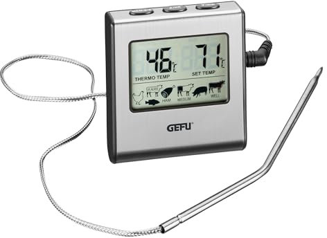 GEFU TEMPERE Digitales Fleischthermometer mit Timer & Alarm - Bratenthermometer bis 250°C für Verschiedene Fleischsorten - 16cm Sonde & 1m Kabel - Mit Magnet & Standfuß