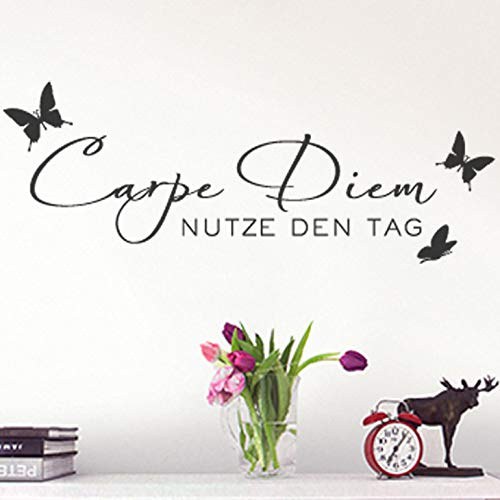 Grandora W723 Wandtattoo Spruch Carpe Diem + Schmetterlinge Wohnzimmer Flur Schlafzimmer schwarz 50 x 17 cm