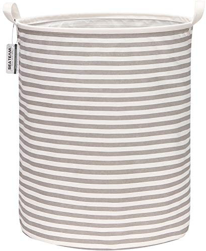 Sea Team 19.7 Inch Large Sized Waterproof Coating Ramie Cotton Fabric Folding Laundry Hamper Bucket Cylindric Burlap Canvas Storage Basket with Stylish Grey Stripe Design