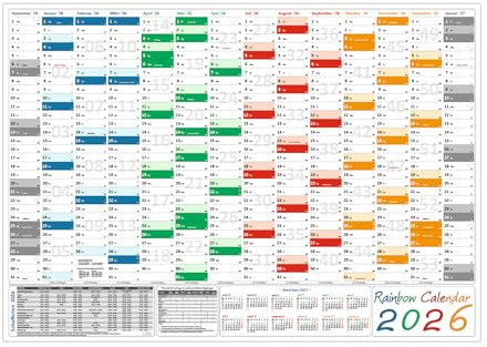 Rainbow Wandkalender/Wandplaner 2026 (gerollt) DIN A1 Format (594 x 841 mm) 14 Monate, komplette Jahresvorschau Folgejahr und Ferientermine Feiertage aller Bundesländer