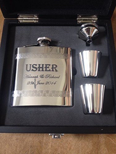 USHER Petaca personalizable de acero inoxidable con diseño de 2 tazas de embudo en caja de madera negra grabada