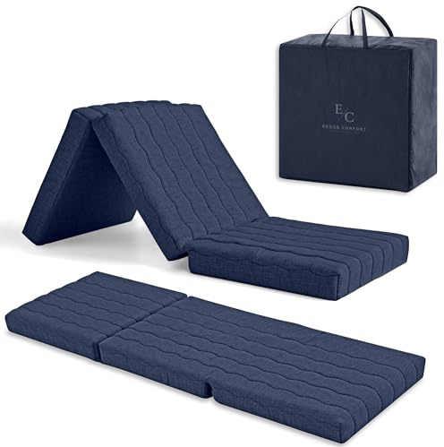 ErossConfort Faltmatratze für Wohnmobil, 90 x 195 cm, HD-Schaum + 2 cm viskoelastisch, faltbar, atmungsaktiv, Abnehmbarer Bezug, Höhe 12 cm, Blau. Mit Tasche und Kissen.
