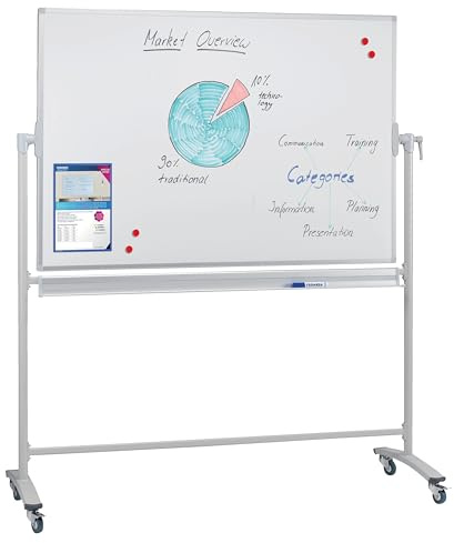FRANKEN Mobiles Whiteboard, doppelseitig, emailliert, magnetisch, beschreibbar, trocken abwischbar, Whiteboard mit Ständer und Rollen, mit Metallgestell und schwenkbarem Rahmen, 150 x 100 cm, ST202