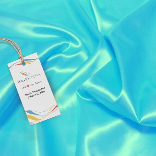 TOLKO 1m Glanz Satin Stoff Meterware als Modestoff Dekostoff Kostümstoff Gardinenstoff Vorhangstoff Hochzeitsstoff | Glitzer Satinstoffe zum Nähen Dekorieren | Nähstoffe 150cm breit (Türkis)