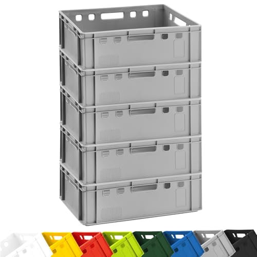 BURI 5x Fleischkiste E2 Metzgerkiste 60x40x20cm lebensmittelecht, robust, stapelbar - Universal Lagerkiste Eurobox aus Deutschland, Grau