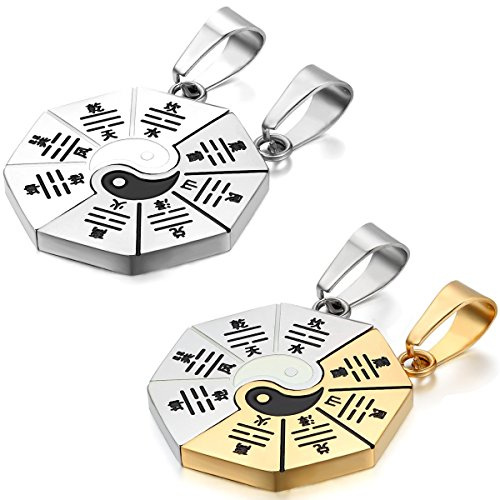 JewelryWe Schmuck 2 Freundschaftsketten, Edelstahl Klassiker Tai Chi Yin und Yang Partner-Anhänger mit 50cm und 55cm Kette, Halskette für Herren Damen, Silber/Gold