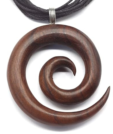 Drachensilber Große Spirale Holz Kettenanhänger- inkl. Variables Band – handgeschnitzter Anhänger Kette Holzschmuck – Symbolschmuck Damen Herren